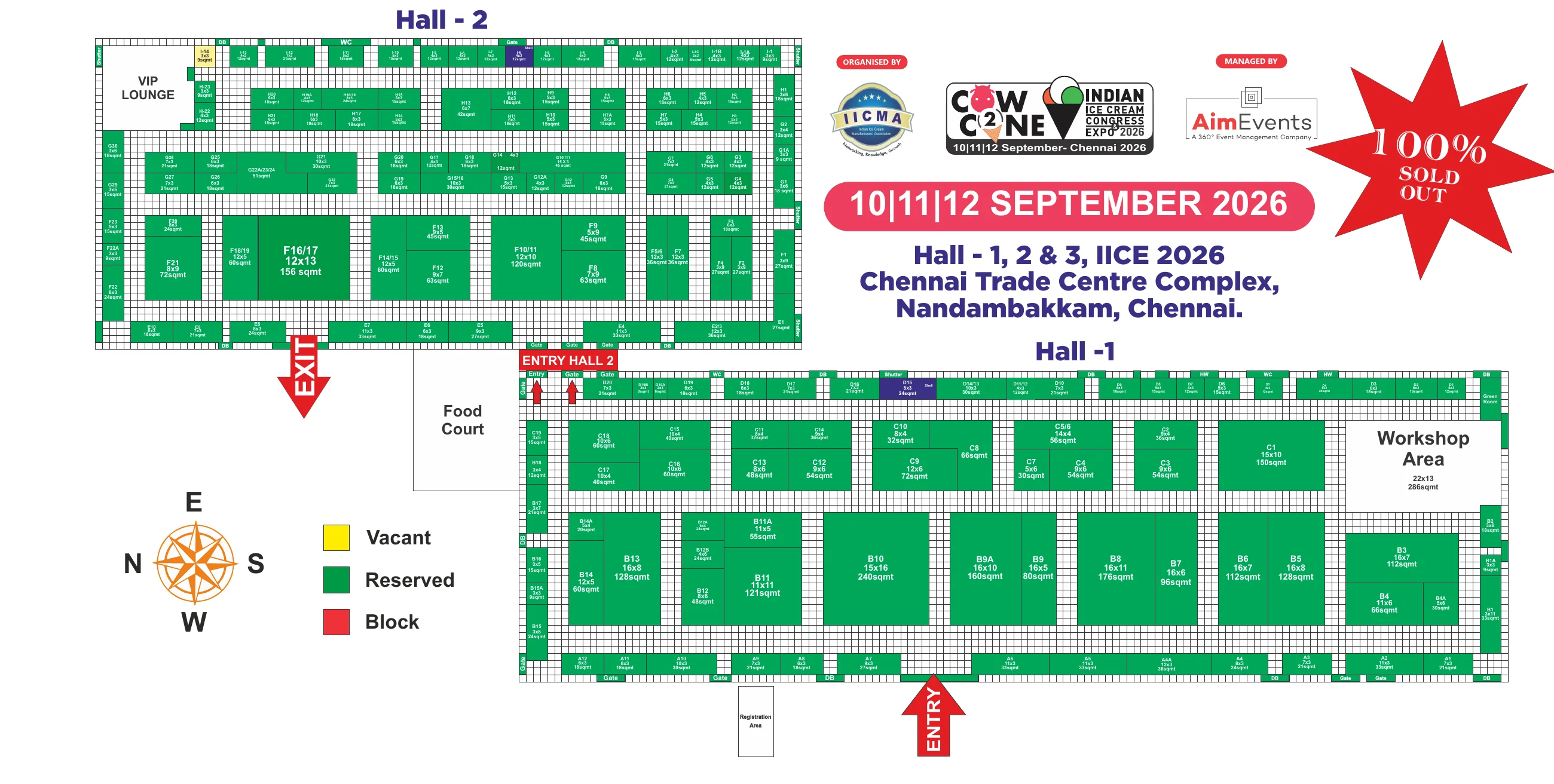 Floor plan of Halls 1 and 2 at Chennai Trade Centre for Indian Ice Cream Congress & Expo 2026, showing stand numbers and sizes